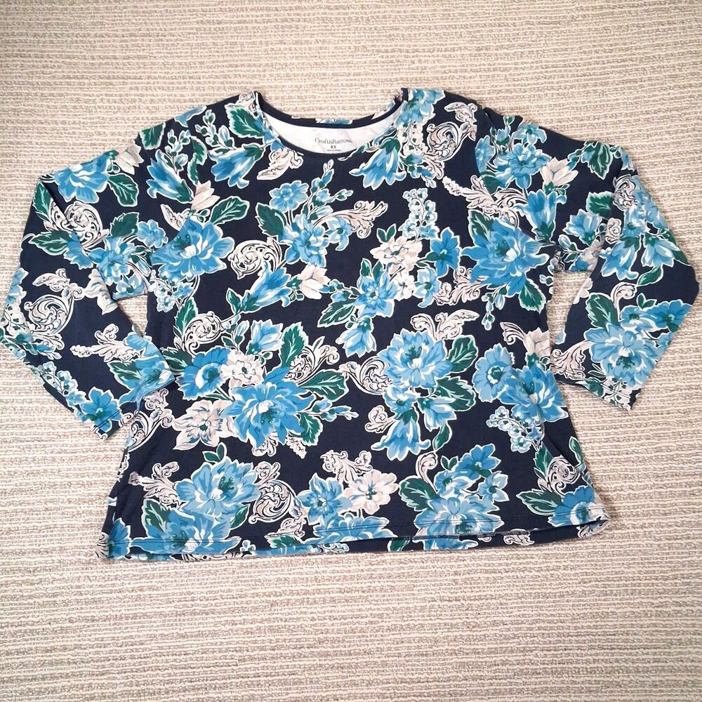 Croft Barrow 0X Blue Floral Print Crew Neck Long Sleeve Top Shirt Womens Plus